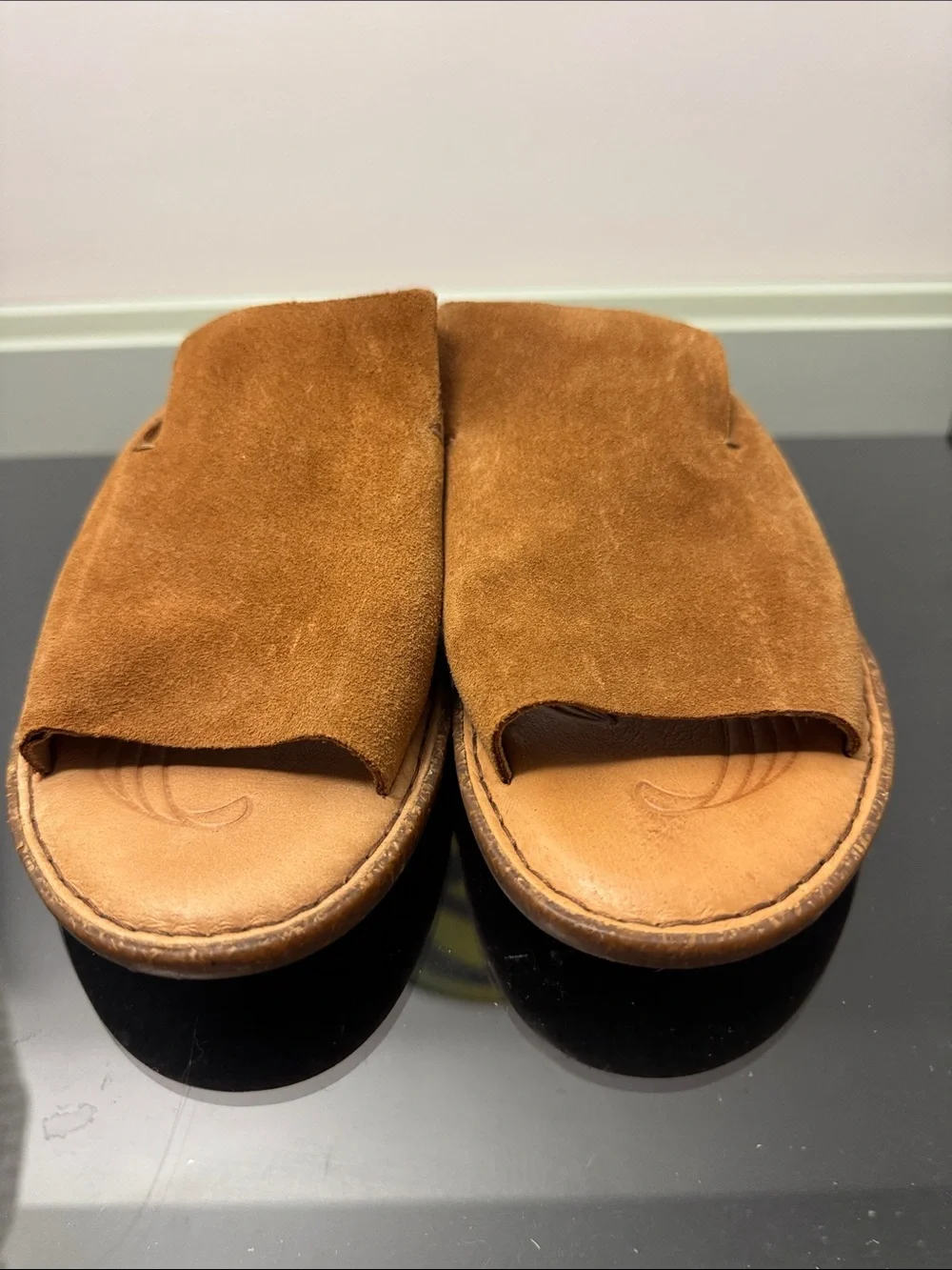 Born Womens Suede Slide Sandals in Cognac Brown